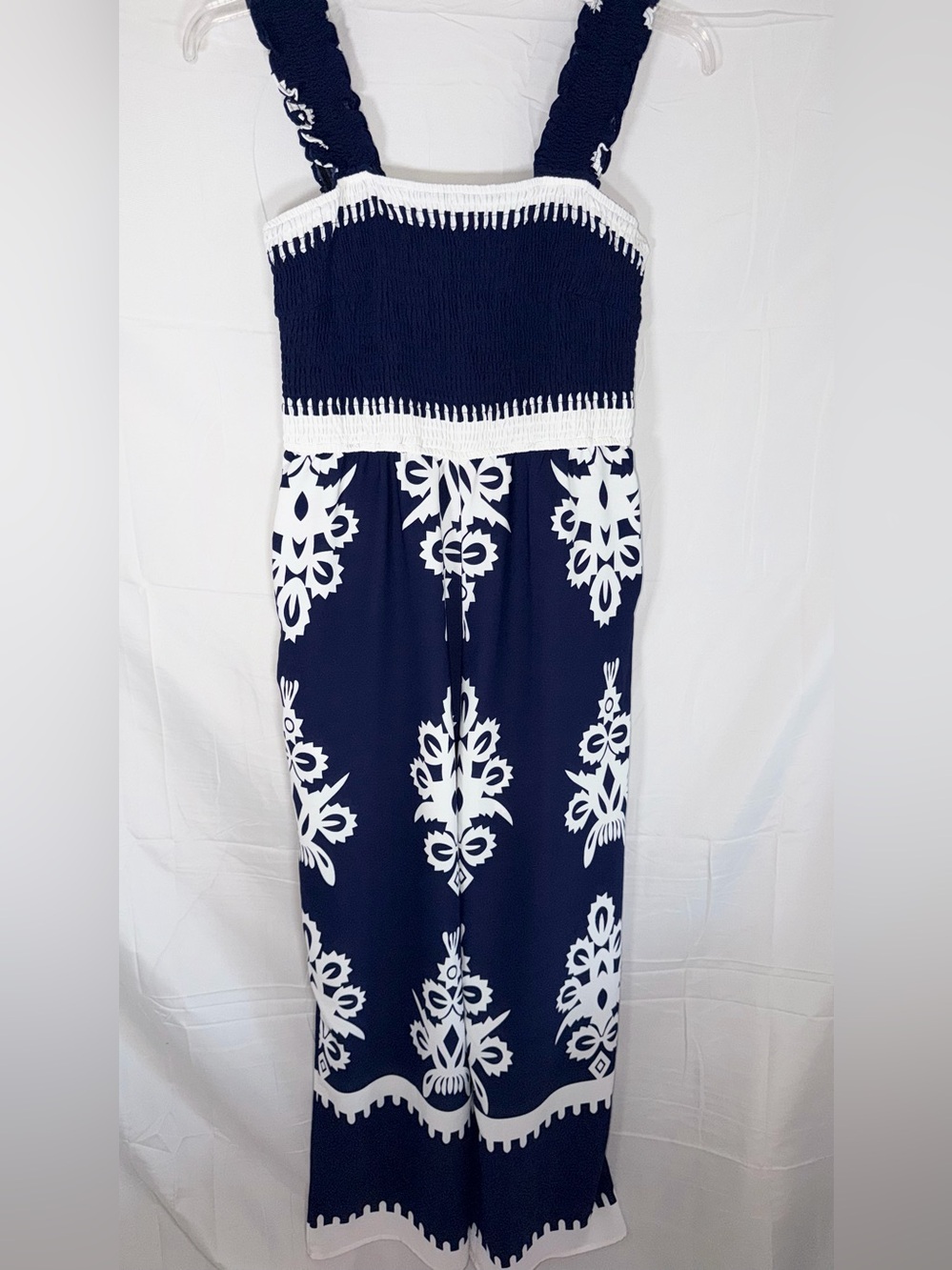 Navy & White Smocked Strap Floral-Print Jumpsuit